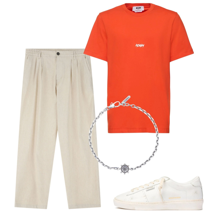 Outfit uomo - Estate. Stile Casual per Tutti i giorni. Abbinamento con braccialetti, pantaloni, sneakers, t-shirt.
