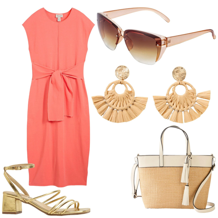 Outfit donna - Come in vacanza. Stile Casual chic per Ufficio. Abbinamento con occhiali da sole, sandali col tacco, orecchini, vestiti, shopping bag.