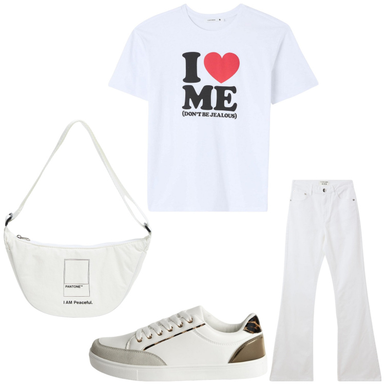 Outfit donna - I love me. Stile Casual per Tutti i giorni. Abbinamento con t-shirt, marsupi, jeans a zampa, sneakers.