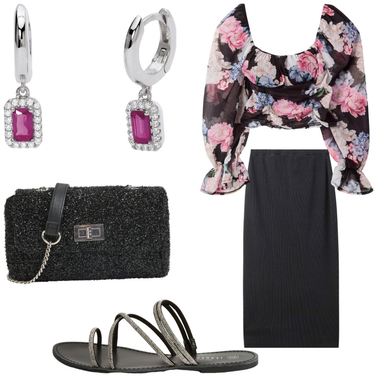 Outfit donna - Fiori. Stile Casual chic per Serata fuori. Abbinamento con bluse, gonne longuette, borse a tracolla, sandali, orecchini.