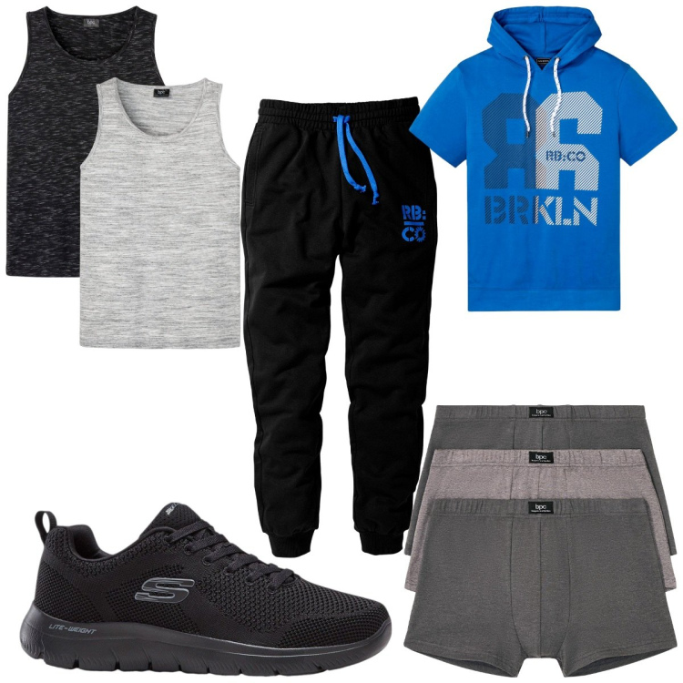 Outfit uomo - Total look #2173632. Stile Trendy per Sport. Abbinamento con sneakers, pantaloni, boxer, canottiere, t-shirt.