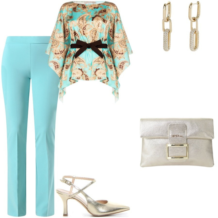 Outfit donna - Acqua marina. Stile Chic per Cerimonia. Abbinamento con pochette, orecchini, bluse, pantaloni, sandali col tacco.