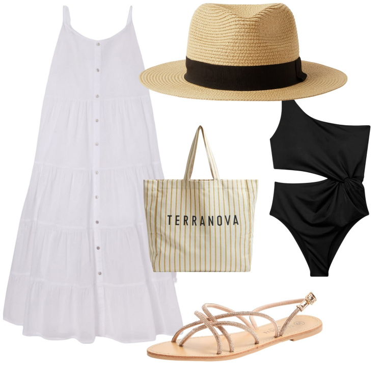 Outfit donna - Estate terranova. per Mare. Abbinamento con vestiti lunghi, sandali, costumi interi, borse tote, cappelli.