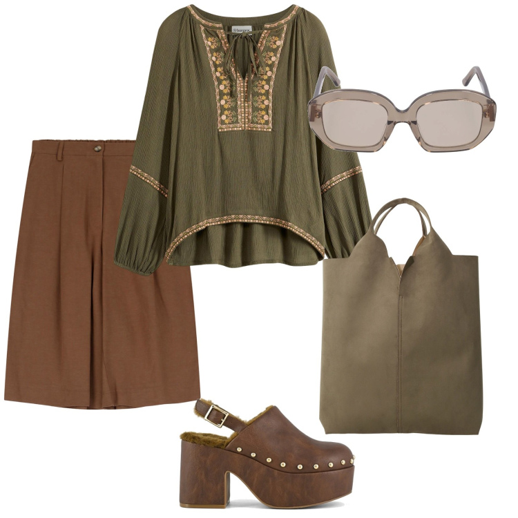 Outfit donna - In campagna. per Tutti i giorni. Abbinamento con bluse, shorts, shopping bag, sabot, occhiali da sole.