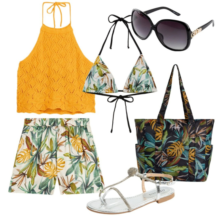 Outfit donna - Destinazione mare. Stile Casual per Mare. Abbinamento con occhiali da sole, top, ciabatte, shopping bag, pantaloni, bikini.