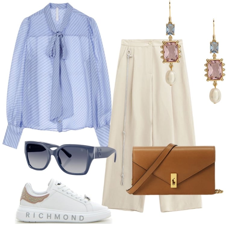 Outfit donna - Leggerezza firmata Imperial. Stile Casual chic per Ufficio. Abbinamento con pantaloni, camicie, occhiali da sole, orecchini, clutch, sneakers.