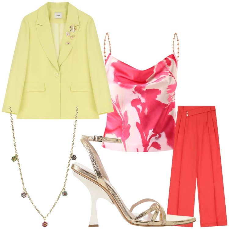 Outfit donna - Total look #2173654. Stile Chic per Serata fuori. Abbinamento con pantaloni, sandali col tacco, blazer, ciondoli, canottiere.