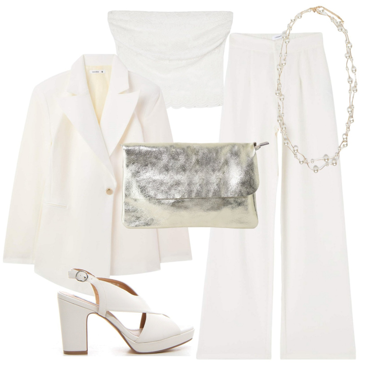 Outfit donna - White party. Stile Chic per Serata fuori. Abbinamento con pantaloni, blazer, top, borse a tracolla, collane, sandali col tacco.