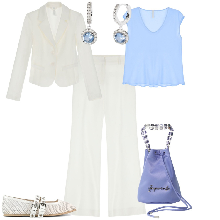 Outfit donna - Chic in ufficio. Stile Bon Ton per Ufficio. Abbinamento con orecchini, pantaloni, top, borse a secchiello, blazer, ballerine.
