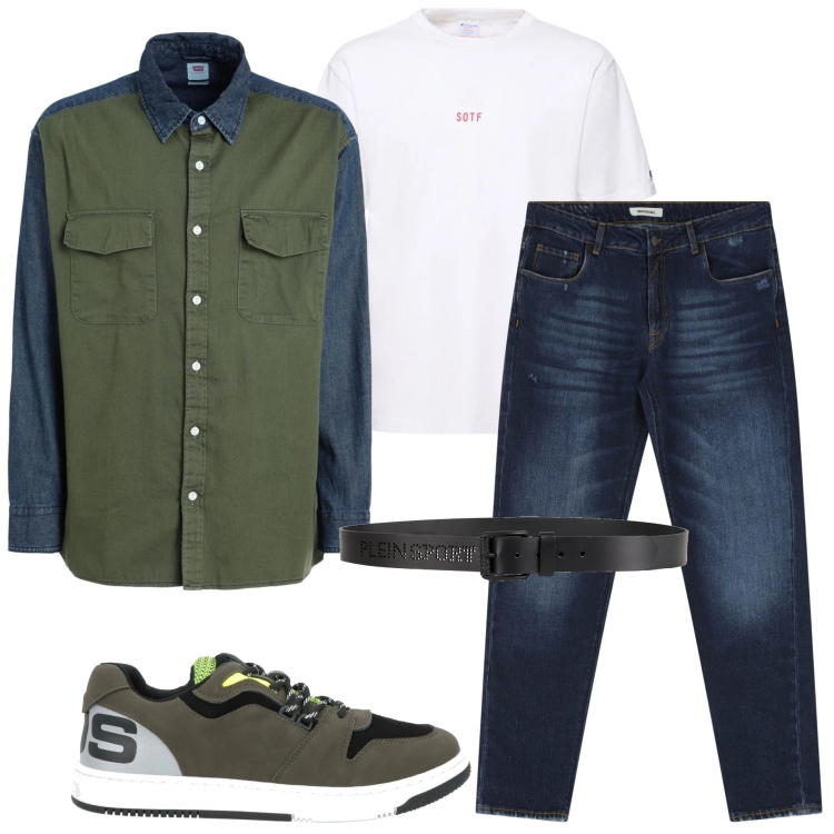 Outfit uomo - Casual style. Stile Casual per Tutti i giorni. Abbinamento con camicie, cinture, sneakers, jeans dritti, t-shirt.