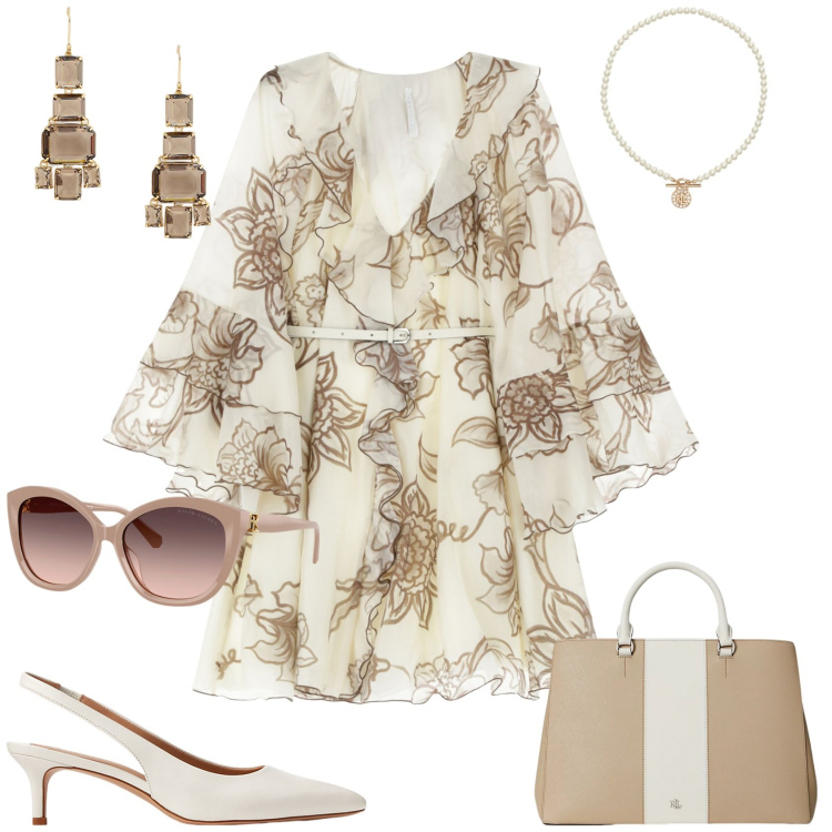Outfit donna - Total look #2173665. Stile Chic per Ufficio. Abbinamento con vestiti corti, borse a mano, ciondoli, occhiali da sole, décolleté, orecchini.