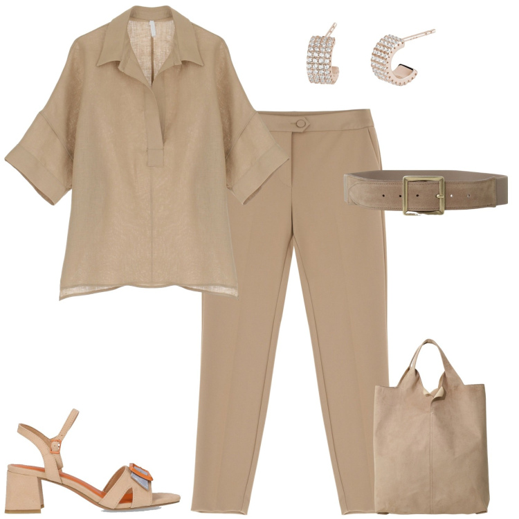 Outfit donna - Total look #2173673. Stile Minimal per Ufficio. Abbinamento con orecchini, pantaloni, camicie a manica corta, shopping bag, cinture, sandali col tacco.