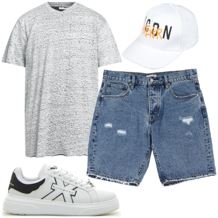 Outfit uomo - Total look #2173674. Stile Urban per Tutti i giorni. Abbinamento con cappelli con visiera, t-shirt, bermuda, sneakers.