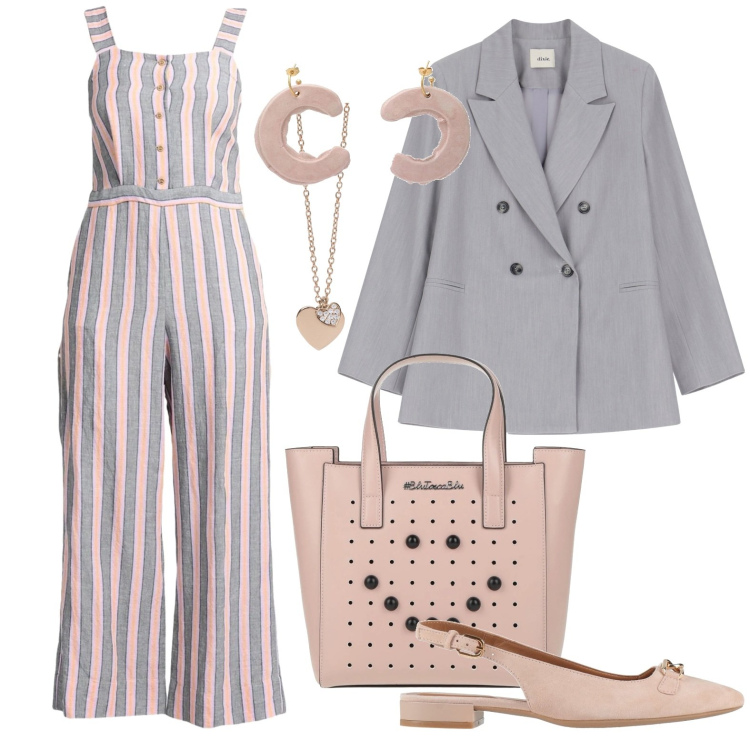 Outfit donna - La tuta a righe. Stile Romantica per Tutti i giorni. Abbinamento con ballerine, tute, borse a mano, orecchini, ciondoli, blazer.