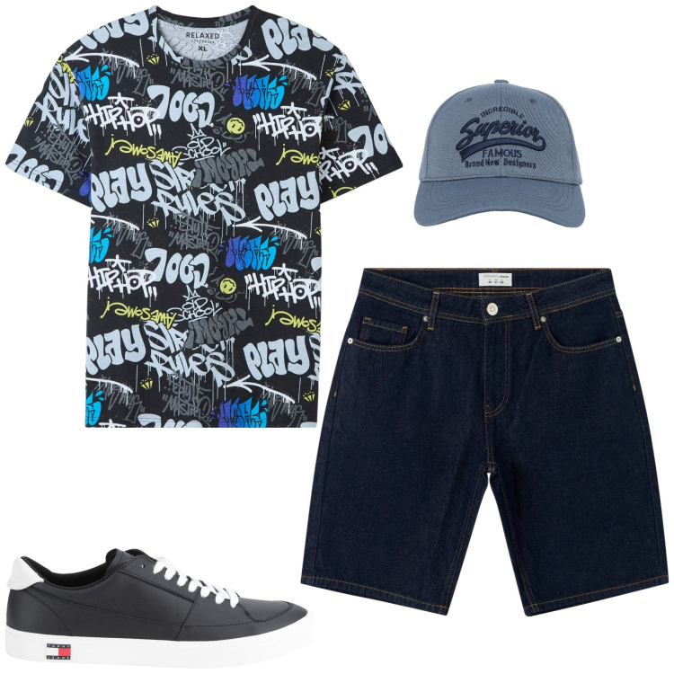 Outfit uomo - Total look #2173680. Stile Urban per Tutti i giorni. Abbinamento con sneakers, t-shirt, bermuda, cappelli con visiera.
