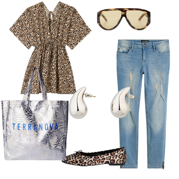 Outfit donna - Fresca ed in ordine. Stile Trendy per Tutti i giorni. Abbinamento con jeans strappati, orecchini, borse tote, caftani, ballerine, occhiali da sole.