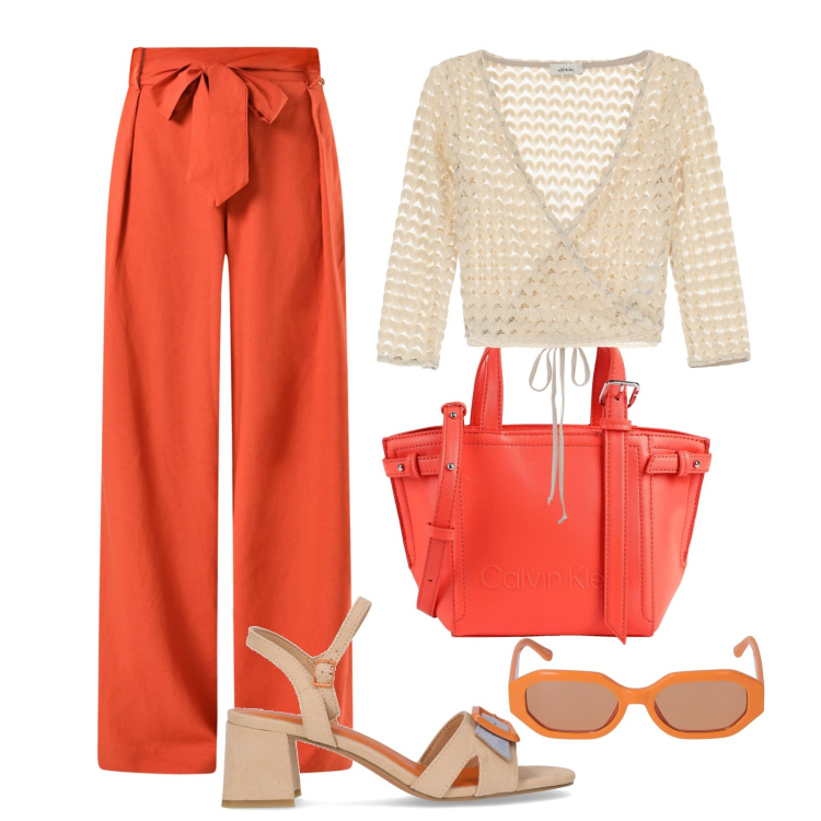Outfit donna - Sera informale arancio ed écru. Stile Trendy per Serata fuori. Abbinamento con borse a mano, pantaloni, top, sandali col tacco, occhiali da sole.