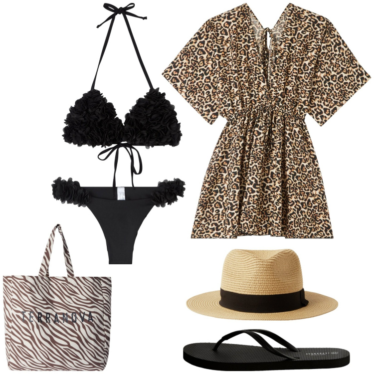 Outfit donna - Terranova - Summer Vibes. Stile Etnico per Mare. Abbinamento con borse tote, bikini, bikini, caftani, cappelli, infradito.