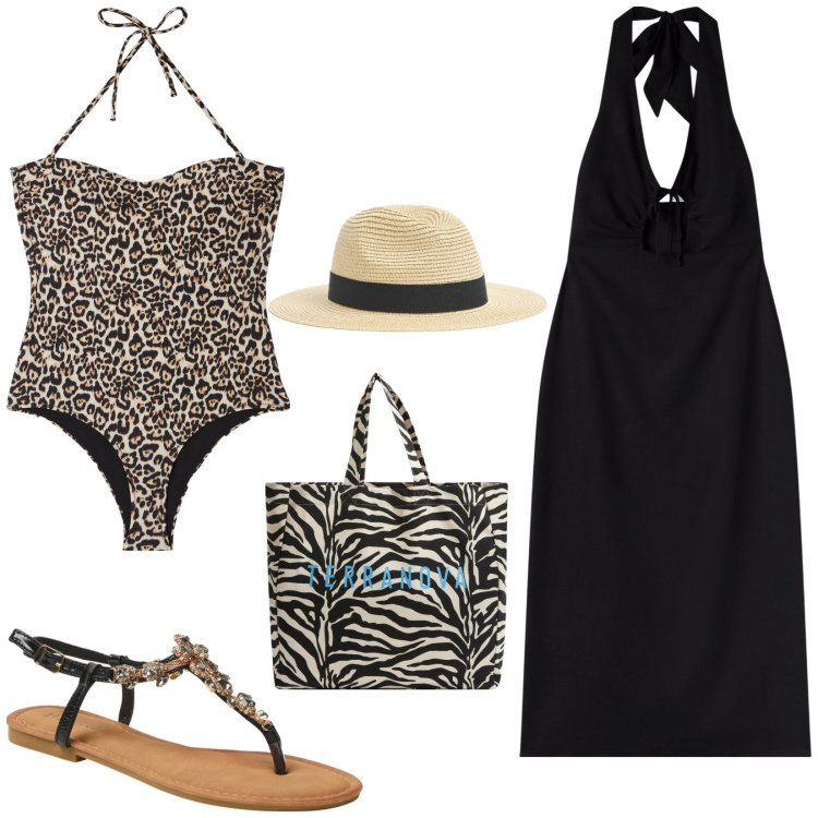 Outfit donna - Terranova - Summer Vibes. Stile Casual per Mare. Abbinamento con vestiti lunghi, costumi interi, borse tote, cappelli, sandali gioiello.