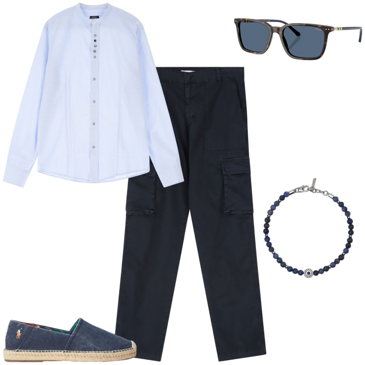 Outfit uomo - Total look #2173701. Stile Trendy per Tutti i giorni. Abbinamento con braccialetti, camicie, pantaloni cargo, occhiali da sole, espadrillas.