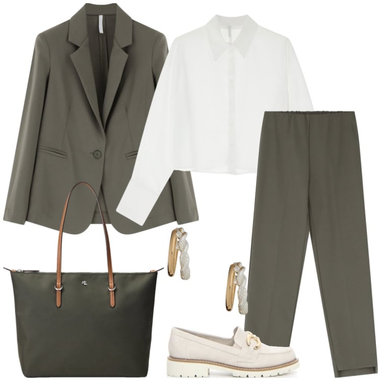 Outfit donna - Total look #2173706. Stile Mannish per Ufficio. Abbinamento con pantaloni, blazer, camicie, borse tote, orecchini, mocassini.