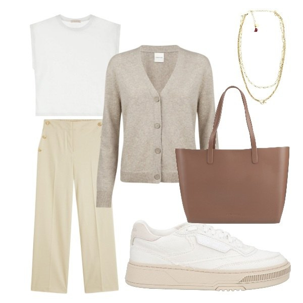Outfit donna - young teacher. Stile Urban per Tutti i giorni. Abbinamento con pantaloni, sneakers, borse a spalla, collane, t-shirt, cardigans.