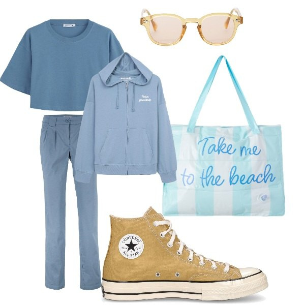 Outfit donna - ceruleo. Stile Urban per Tutti i giorni. Abbinamento con pantaloni chino, borse tote, felpe con cappuccio, t-shirt, occhiali da sole, sneakers.