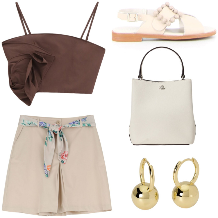 Outfit donna - In città. Stile Bon Ton per Ufficio. Abbinamento con orecchini, shorts, top, borse a secchiello, sandali.