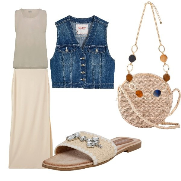 Outfit donna - la gonna con lo spacco. Stile Urban per Tutti i giorni. Abbinamento con gilet, borse a tracolla, gonne lunghe, ciabatte, top, collane.