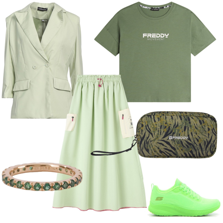 Outfit donna - Green with friends. Stile Trendy per Tutti i giorni. Abbinamento con blazer, gonne lunghe, anelli, t-shirt, valigie, sneakers.