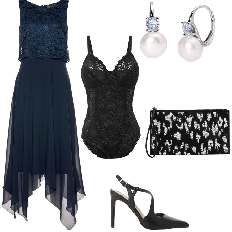 Outfit donna - Classica serata elegante. Stile Chic per Serata fuori. Abbinamento con body, vestiti midi/longuette, borse a mano, orecchini, décolleté.