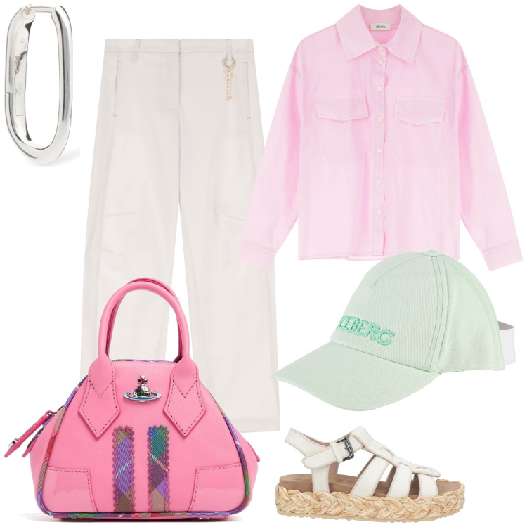 Outfit donna - Frizzante look di fine primavera. Stile Urban per Tutti i giorni. Abbinamento con espadrillas, cappelli con visiera, pantaloni, camicie, borse a mano, orecchini.