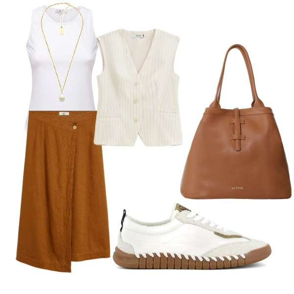 Outfit donna - semplice e comoda. Stile Urban per Tutti i giorni. Abbinamento con gonne, collane, gilet, borse tote, sneakers, canottiere.