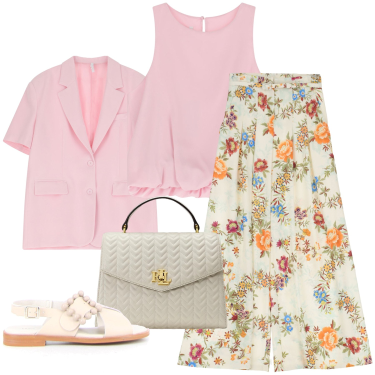 Outfit donna - In ufficio con Imperial. Stile Bon Ton per Ufficio. Abbinamento con pantaloni a palazzo, top, blazer, borse a mano, sandali.