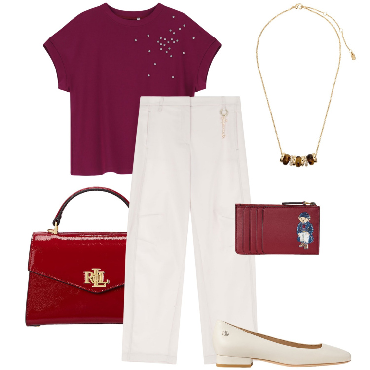 Outfit donna - Dettagli bordeaux. Stile Bon Ton per Ufficio. Abbinamento con pantaloni, t-shirt, collane, ballerine, borse a mano, portafogli.