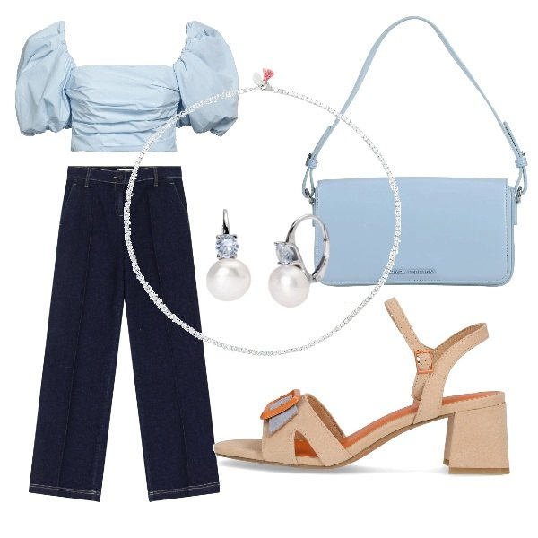 Outfit donna - il top con la rouche. Stile Urban per Serata fuori. Abbinamento con top, collane, borse a mano, orecchini, jeans dritti, sandali col tacco.