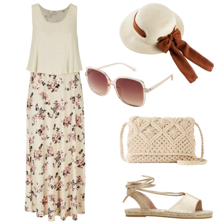 Outfit donna - Summer romance. Stile Romantica per Mare. Abbinamento con vestiti lunghi, occhiali da sole, cappelli, sandali, borse a tracolla.