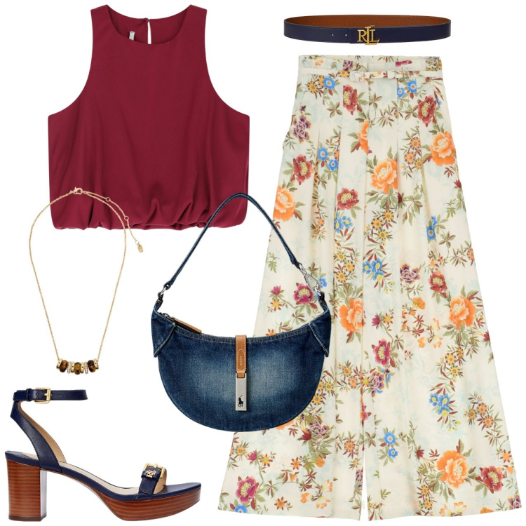 Outfit donna - Top e pantaloni fiori. Stile Casual chic per Ufficio. Abbinamento con pantaloni a palazzo, top, collane, borse a spalla, sandali in pelle, cinture.