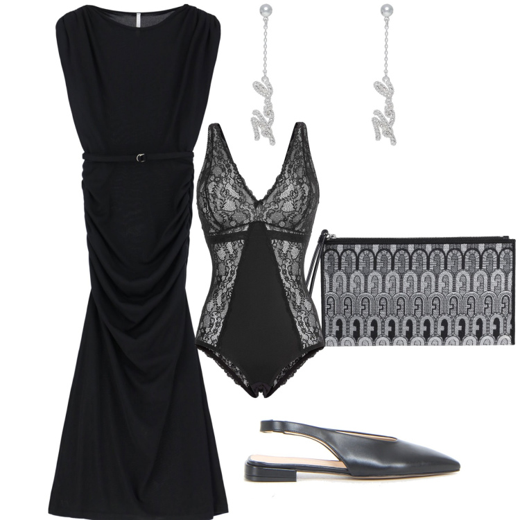 Outfit donna - Abito a clessidra. Stile Chic per Serata fuori. Abbinamento con body, orecchini, borse a mano, vestiti lunghi, décolleté.