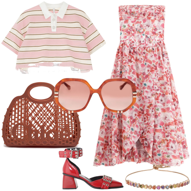 Outfit donna - Via la tshirt è pronta la serata. Stile Glamour per Serata fuori. Abbinamento con occhiali da sole, braccialetti, t-shirt, vestiti lunghi, décolleté, borse a mano.