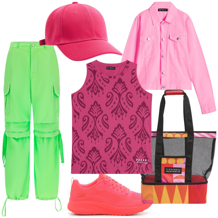 Outfit donna - Fluo di fine primavera. Stile Casual chic per Tutti i giorni. Abbinamento con borse tote, cappelli, pantaloni cargo, blazer, canottiere, sneakers.