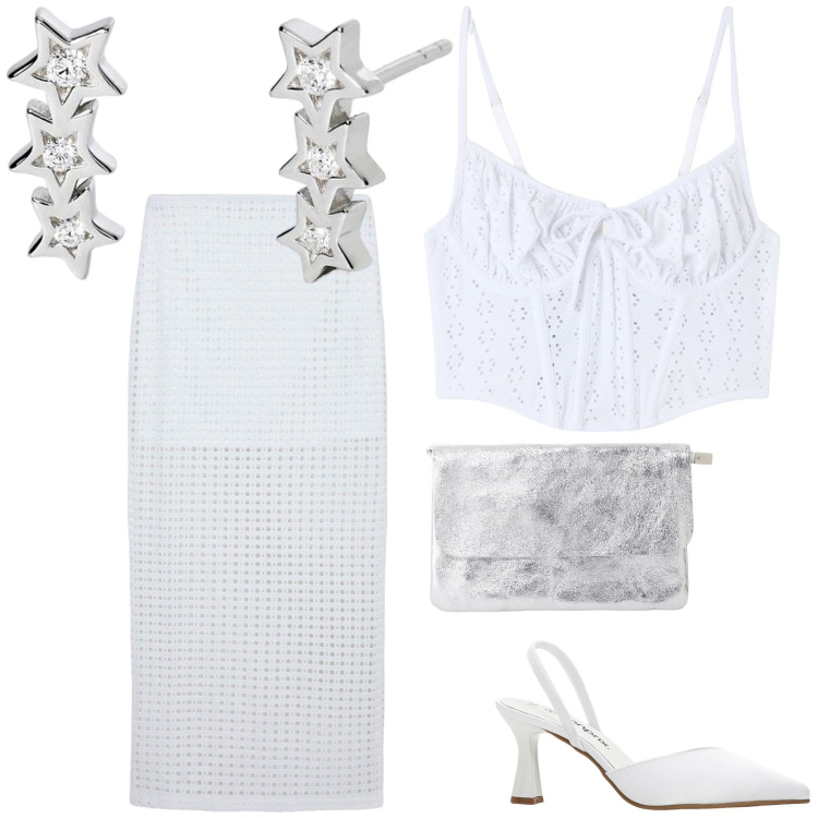 Outfit donna - Notte bianca. Stile Glamour per Serata fuori. Abbinamento con décolleté, top, gonne lunghe, orecchini, borse a tracolla.