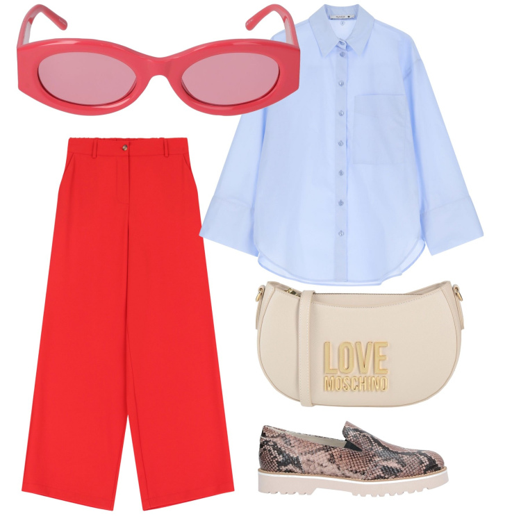 Outfit donna - Oggi al lavoro. Stile Urban per Tutti i giorni. Abbinamento con mocassini, borse a tracolla, camicie, pantaloni a palazzo, occhiali da sole.