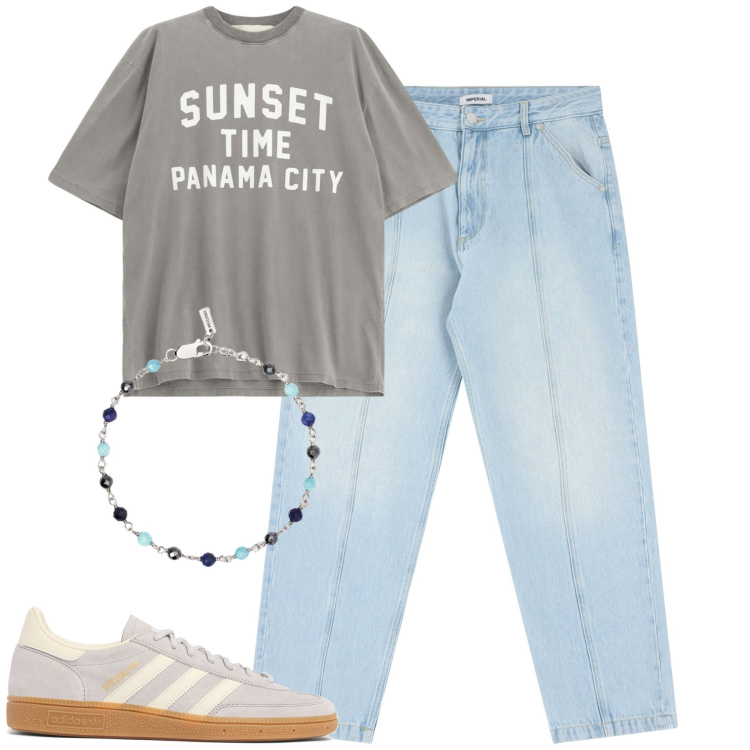 Outfit uomo - City. Stile Casual per Tutti i giorni. Abbinamento con braccialetti, jeans, t-shirt, sneakers.