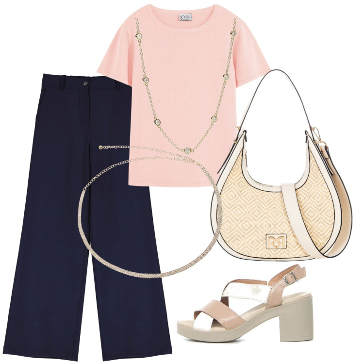 Outfit donna - Summer outfit. Stile Casual chic per Tutti i giorni. Abbinamento con t-shirt, collane, borse a mano, pantaloni a palazzo, cinture, sandali col tacco.