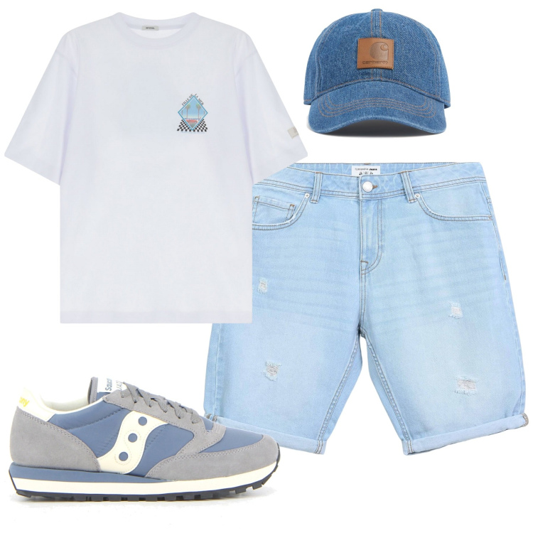 Outfit uomo - Total look #2173774. Stile Casual per Tutti i giorni. Abbinamento con shorts, t-shirt, cappelli, sneakers.