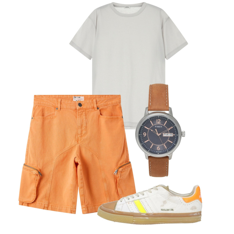 Outfit uomo - Bermuda in vacanza. Stile Casual per Tutti i giorni. Abbinamento con sneakers, orologi, pantaloni corti, t-shirt.