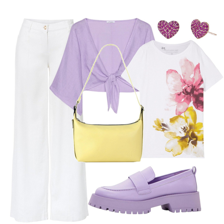 Outfit donna - Il viola protagonista. Stile Casual chic per Ufficio. Abbinamento con pantaloni a palazzo, mocassini, t-shirt, borse a spalla, orecchini, bolero.