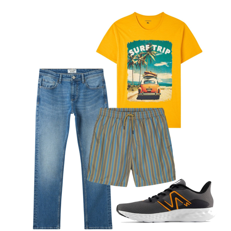 Outfit uomo - Mare. Stile Casual per Tutti i giorni. Abbinamento con jeans, t-shirt, costumi, sneakers.