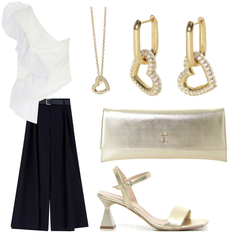Outfit donna - Total look #2173788. Stile Chic per Ufficio. Abbinamento con orecchini, collane, top, pantaloni a palazzo, pochette, sandali col tacco.